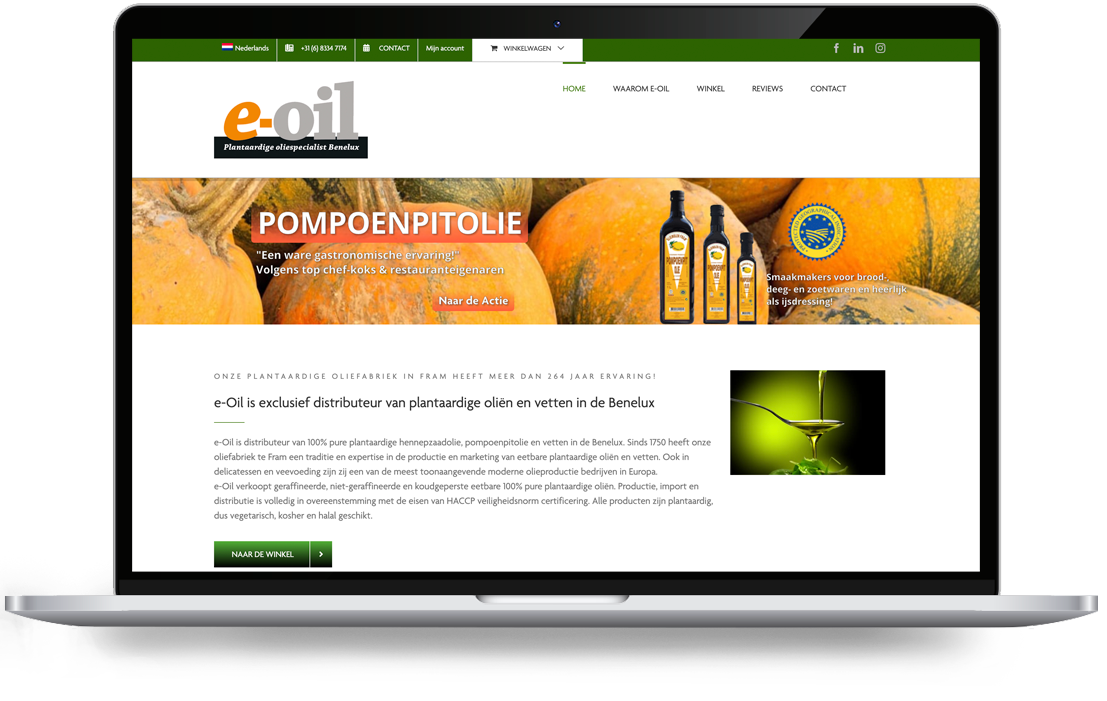 e-oil von Webdesign Holland - LeTigre Webdesign Holland Screenshot der Startseite von e-oil Benelux mit einer grünen Navigationsleiste oben, einem großen Banner für Kürbiskernöl mit abgebildeten Flaschen auf der rechten Seite und einem Textabschnitt über das Unternehmen darunter mit einer grünen Schaltfläche „Zum Shop“.
