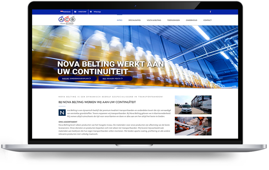 novabelting von Webdesign Holland - LeTigre Webdesign Holland Laptop-Bildschirm, auf dem die Homepage eines niederländischen Unternehmens mit einer blauen Kopfzeile und einem großen Hero-Bild von Flaschen auf einem Förderband zu sehen ist.
