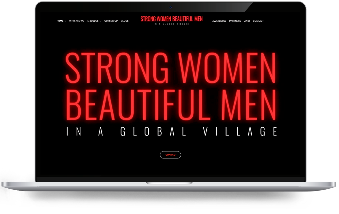 „Strong Women“ von Webdesign Holland - LeTigre Webdesign Holland Laptop-Bildschirm, auf dem das Hero-Element der Startseite mit dem auffälligen, neonroten Schriftzug „STRONG WOMEN BEAUTIFUL MEN“ auf schwarzem Hintergrund, einem zentrierten Logo-Bereich und einer kleinen Schaltfläche „Kontakt“ zu sehen ist.